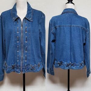 VINTAGE Agapo Mid Wash Cotton Leather Bandage Full-zip Denim Jean Jacket Large